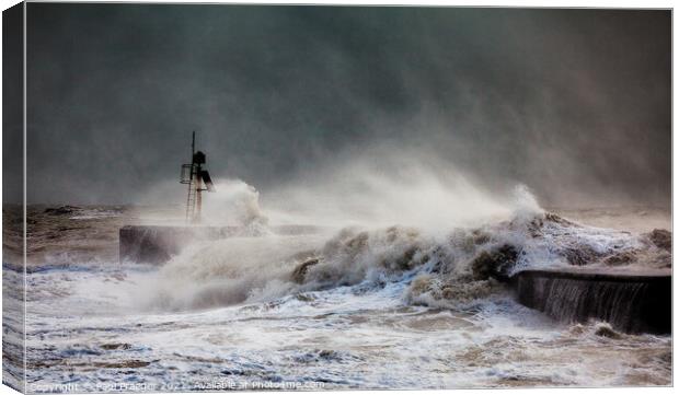 Storm waves breaking over the harbour arm at Hastings  Canvas Print by Paul Praeger