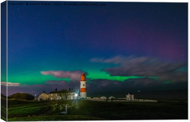 Northern lights over Souter Lighthouse Canvas Print by andrew blakey