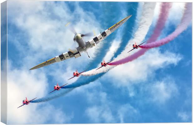 Spitfire leads the Red Arrows Display Canvas Print by David Stanforth