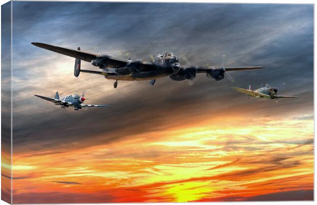 Lancaster and two spitfires at the End of the Day Canvas Print by David Stanforth