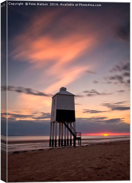 Burnham on Sea Lighthouse at sunset Canvas Print by Pete Watson