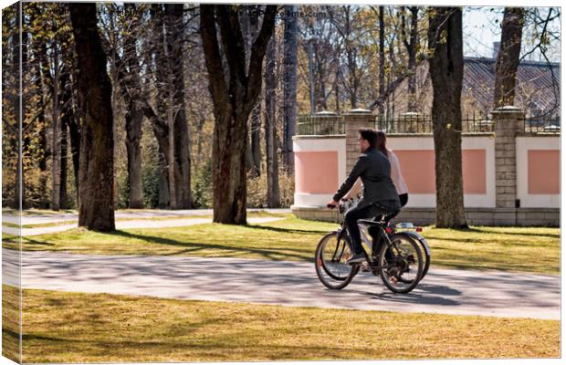 Riding A Bike In The Park Canvas Print by Jukka Heinovirta