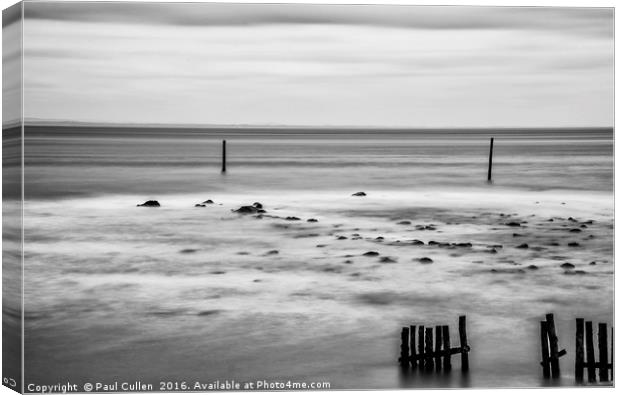 Wooden posts in the sea. Monochrome. Canvas Print by Paul Cullen