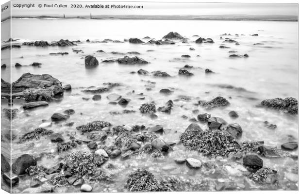 Rocks and Seaweed Uncovered at Lindisfarne - Mono Canvas Print by Paul Cullen
