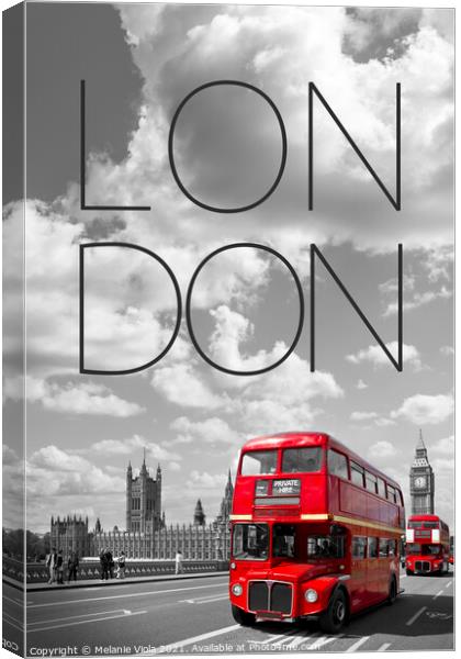 Red Buses in London | Text & Skyline Canvas Print by Melanie Viola