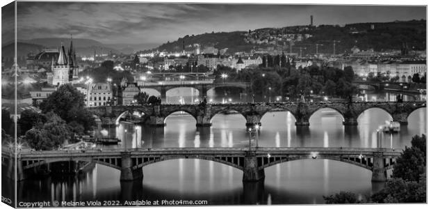 Evening view over the Vltava bridges in Prague - Monochrome Canvas Print by Melanie Viola