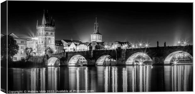 Night impression of Charles Bridge with Old Town Bridge Tower - Panorama Monochrome Canvas Print by Melanie Viola