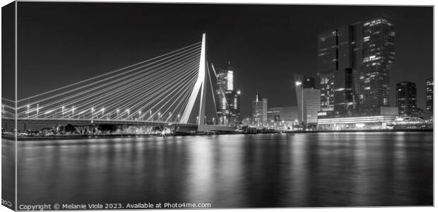 ROTTERDAM Erasmus Bridge at night | Monochrome Panorama Canvas Print by Melanie Viola