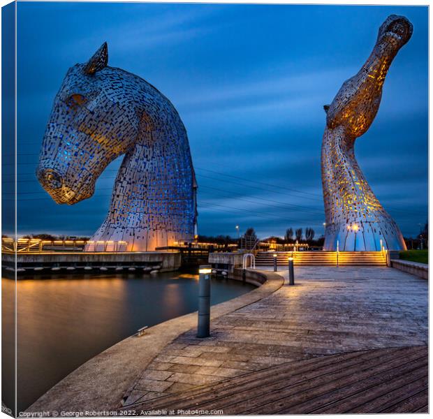 The Kelpies at Helix Park, Falkirk in Ukraine colours Canvas Print by George Robertson