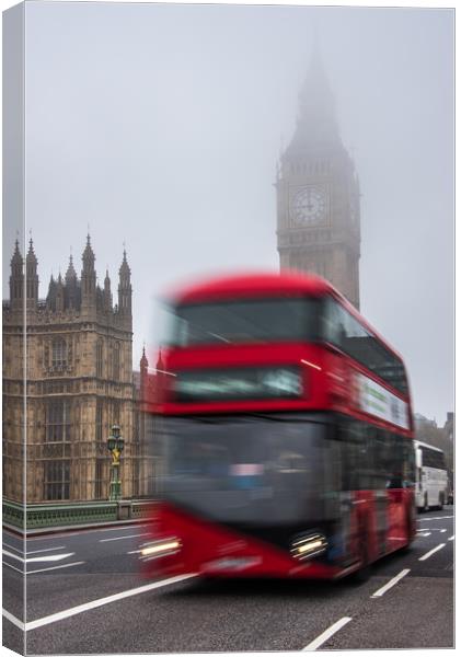 London Bus crosssing Westminster Bridge on a foggy Canvas Print by George Robertson