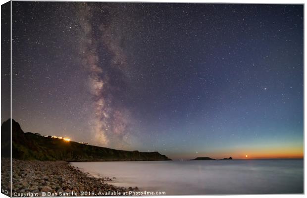 Milky Way and Moonset over Rhossili Bay Canvas Print by Dan Santillo