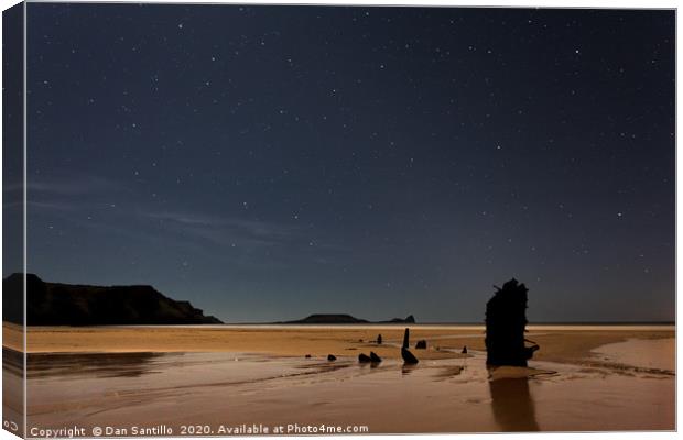 Helvetia Wreck and Worms Head, Rhossili Bay, Gower Canvas Print by Dan Santillo