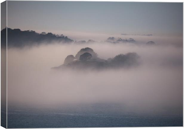 Drake's Island in the Mist Canvas Print by Jon Rendle