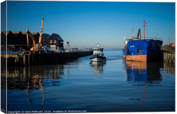 Fishing boat and the ship Canvas Print by Sara Melhuish