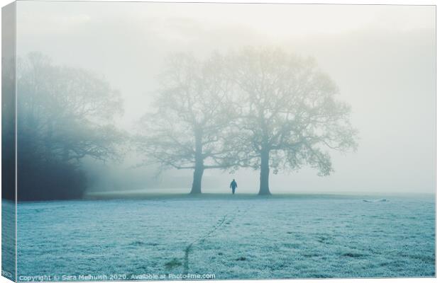 Frosty morning walk in the fog Canvas Print by Sara Melhuish