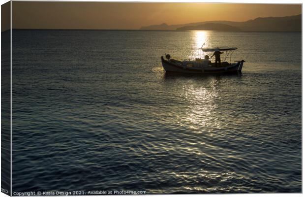 Fishing Boat in Dawn Light, Agios Nikolaos, Crete Canvas Print by Kasia Design