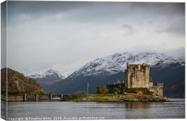 Eileen Donan Castle Against Snowy Mountains Canvas Print by Rosalind White