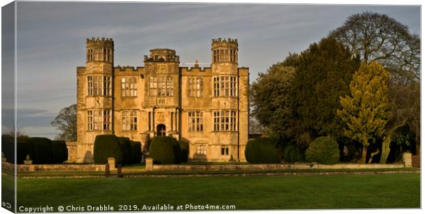 Barlborough Hall in the last light of the day Canvas Print by Chris Drabble