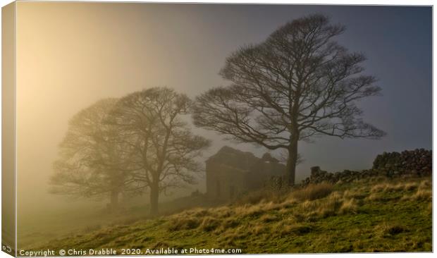 Roach End Barn with a ground mist rolling in Canvas Print by Chris Drabble