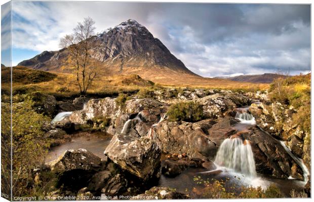 Buachaille Etive Mor with River Coupall waterfalls Canvas Print by Chris Drabble