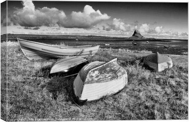 Boats at Lindisfarne in mono Canvas Print by Chris Drabble