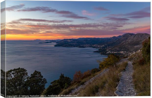 Sunset view from Croatians montains, to Dalmatian coast of the Adriatic Sea. Canvas Print by Sergey Fedoskin