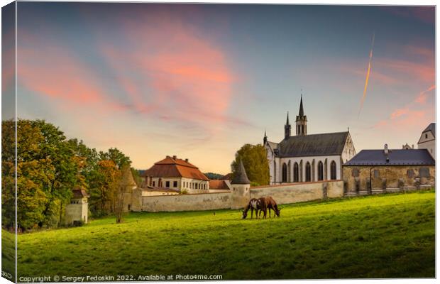 Cistercian monastery Vyssi Brod and grazing horses. Czech Republic. Canvas Print by Sergey Fedoskin