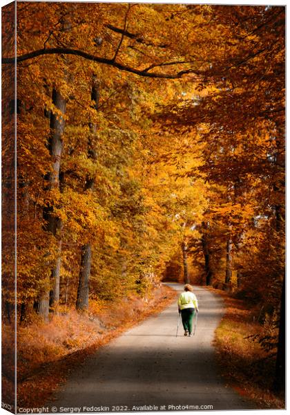 Woman on the road in the autumn forest. Canvas Print by Sergey Fedoskin