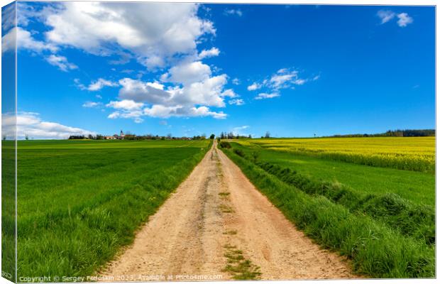 Rural dirt road among fields under the blue sky. Canvas Print by Sergey Fedoskin