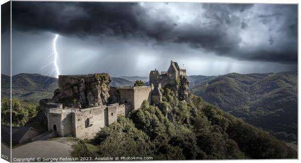 Thunderstorm with lightning over Aggstein castle.  Canvas Print by Sergey Fedoskin
