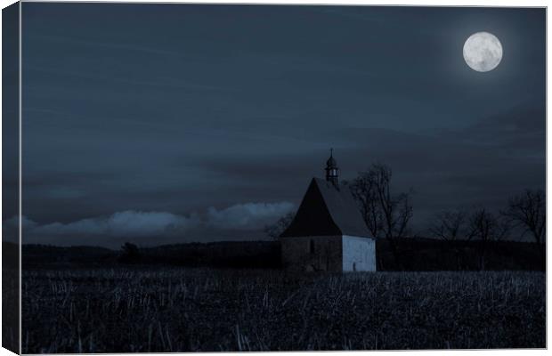 Old church in full moon night. Dobronice u Bechyne Canvas Print by Sergey Fedoskin