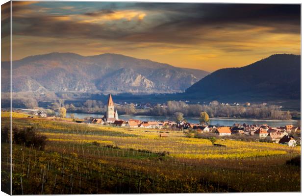 Church in Weissenkirchen and Danube river. Wachau  Canvas Print by Sergey Fedoskin