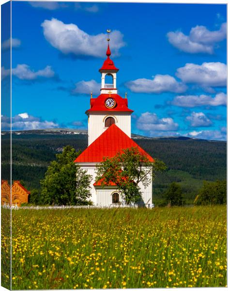 The beautiful Church of Klövsjö in Sweden on a sum Canvas Print by Hamperium Photography
