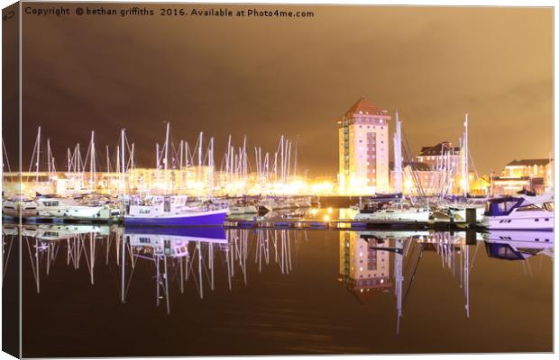 Swansea Marina Night Reflections Canvas Print by bethan griffiths