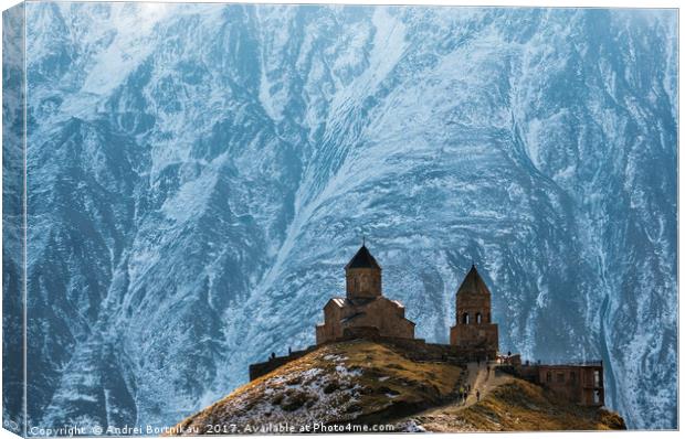 Caucasus mountains, Gergeti Trinity church, Georgi Canvas Print by Andrei Bortnikau