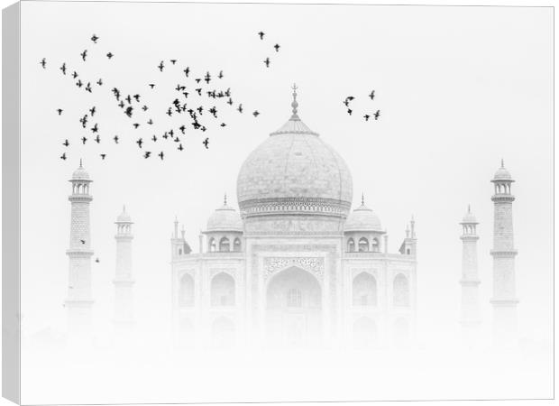 Taj Mahal with a flock of birds Canvas Print by Thomas Herzog