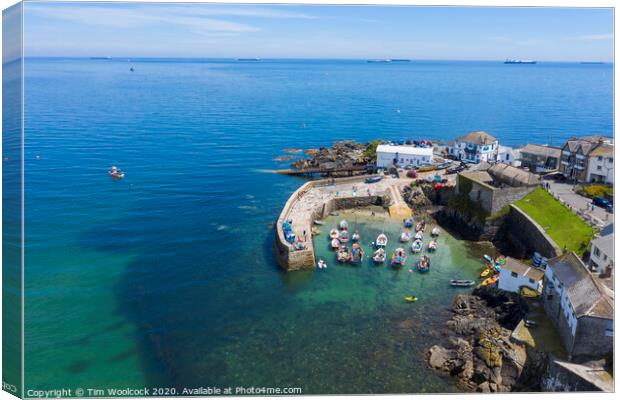 Aerial photograph of Coverack, Lizard, Helston, Cornwall, England  Canvas Print by Tim Woolcock