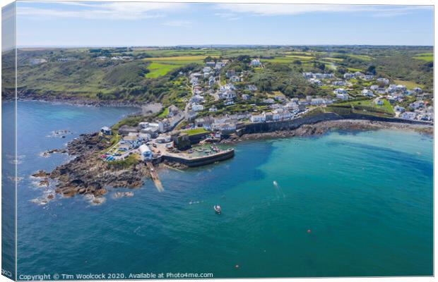 Aerial photograph of Coverack, Lizard, Helston, Cornwall, England  Canvas Print by Tim Woolcock