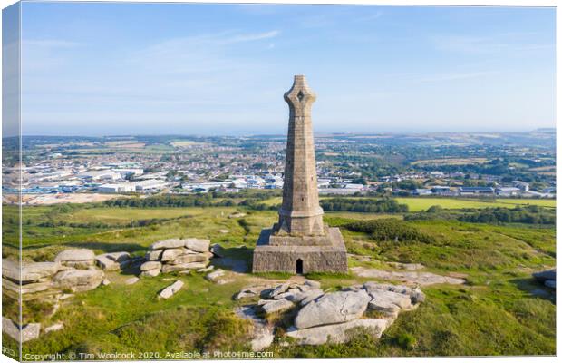 Aerial photograph of Carn Brea Monument, Redruth, Cornwall Canvas Print by Tim Woolcock