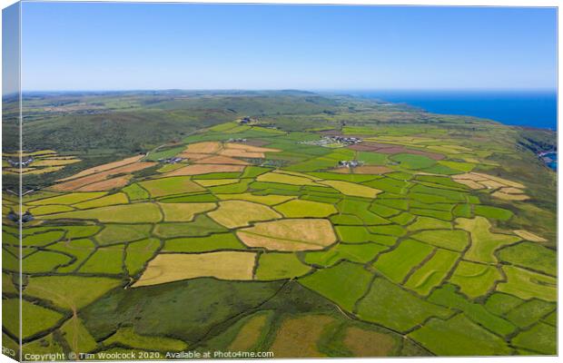 Aerial photograph of a patchwork of farmers fields near St Ives Canvas Print by Tim Woolcock