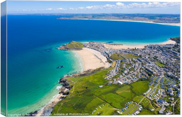 Aerial photograph of St Ives taken towards Hayle Canvas Print by Tim Woolcock