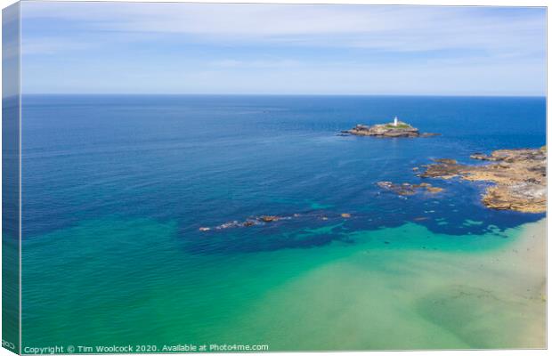 Aerial photography of Godrevy lighthouse  Canvas Print by Tim Woolcock