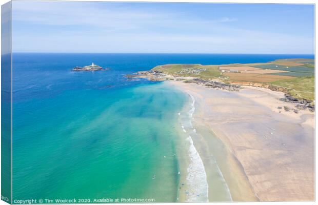 Aerial photography of Godrevy beach and lighthouse  Canvas Print by Tim Woolcock