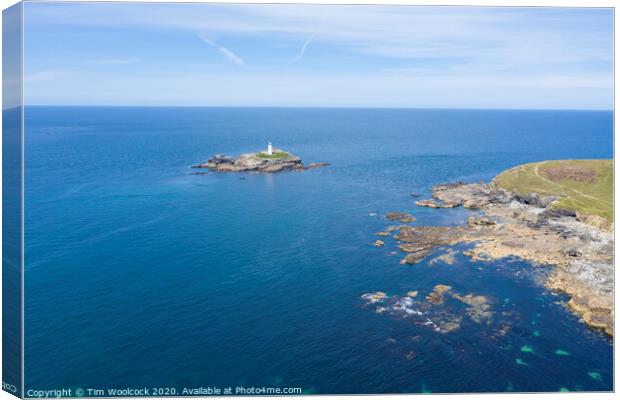 Aerial photography of Godrevy beach and lighthouse  Canvas Print by Tim Woolcock