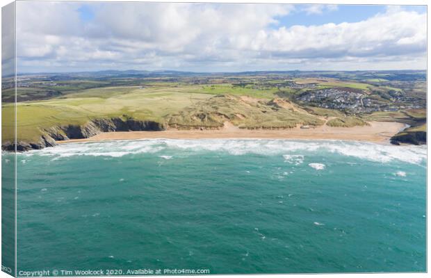 Aerial photograph of Holywell Beach nr Newquay, Cornwall, England. Canvas Print by Tim Woolcock