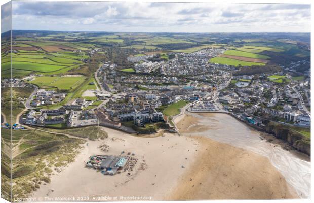 Aerial photograph of Perranporth Beach nr Newquay, Cornwall, England. Canvas Print by Tim Woolcock