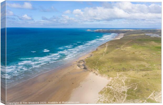 Aerial photograph of Perranporth Beach nr Newquay, Cornwall, England. Canvas Print by Tim Woolcock