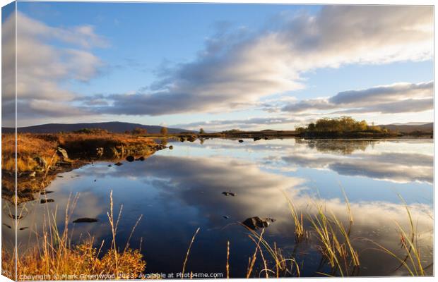 Serene Reflections: Autumn Sunrise on Loch Ba Canvas Print by Mark Greenwood
