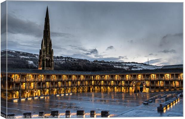 Halifax Piece Hall lit up on a snowy Night Canvas Print by Joy Newbould