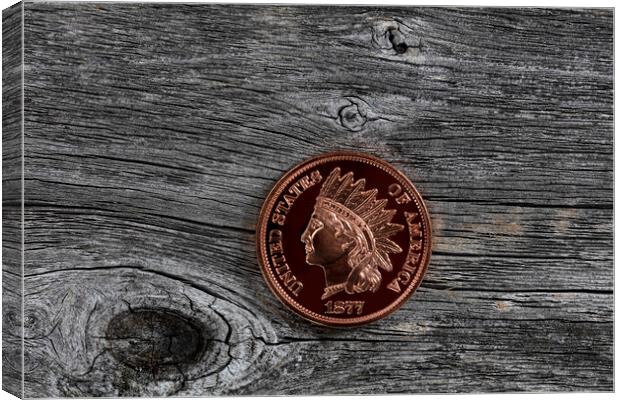Single US Indian head one cent coin on rustic wood for numismati Canvas Print by Thomas Baker